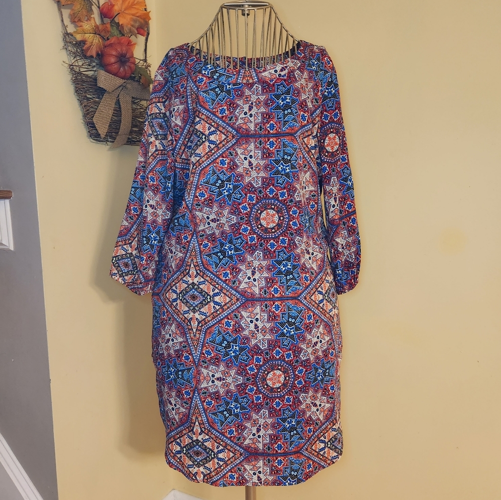 NWT Pink Owl Long Sleeve Red Blue Print Dress - Size M